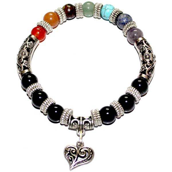 Natural Black Agate with Seven Chakra Fancy 8mm Beads Bracelet